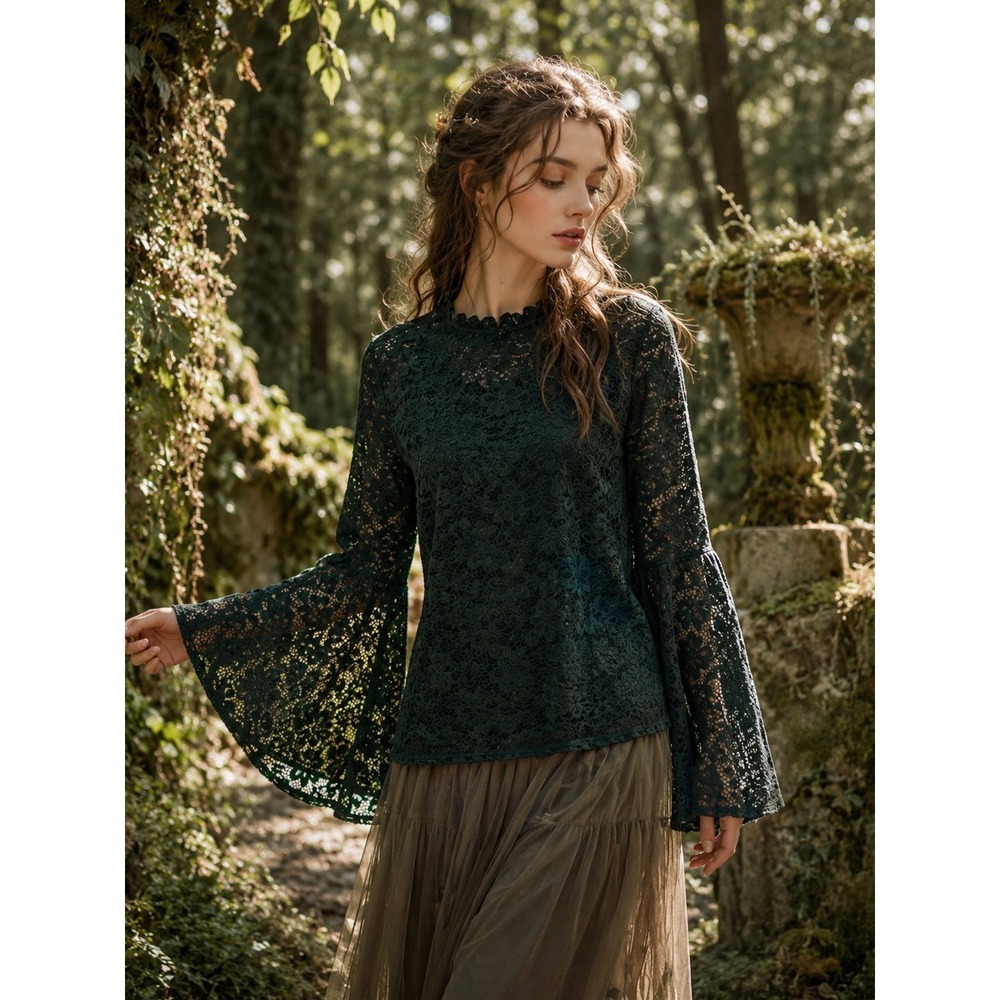 By & By Lace Blouse Tiered Bell Sleeve Forest Green Large Romantic Fairycore Top